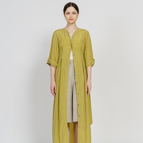 Cupro Maxi Robe Highwaist Shirt-Dress_Olivenite-YellowGreen [큐프라 맥시 로브 하이웨이스트 셔츠드레스_올리베나이트 엘로우그린]