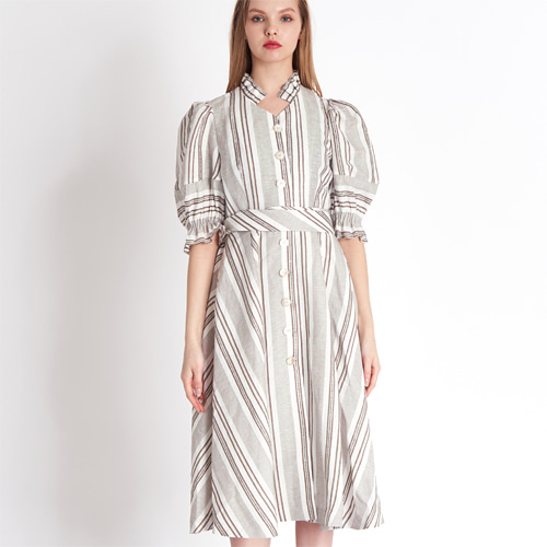 Romantic Frill Neckline &amp; Bell-Shape Sleeve Linen Shirt-Dress_BEIGE MULTI-STRIPE [로맨틱 프릴 네크라인, 벨모양 소매의 셔츠드레스]